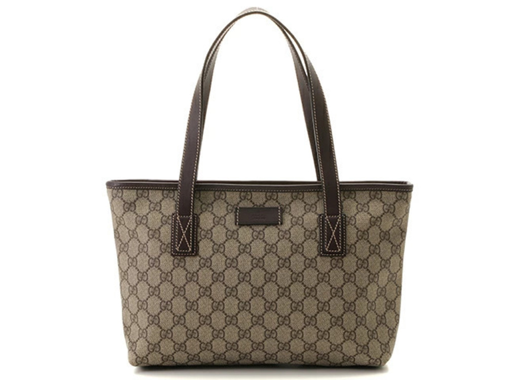 Gucci GG Supreme Tote Bag Beige Cream Brown Leather